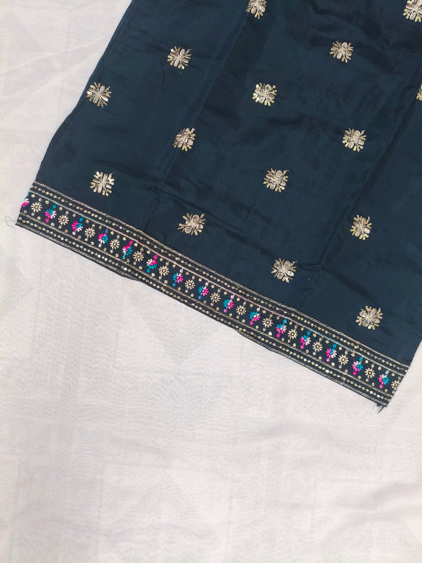 Navy Blue Silk 3-Piece Kurta Set with Mirror & Thread Embroidery