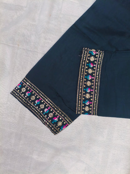 Navy Blue Silk 3-Piece Kurta Set with Mirror & Thread Embroidery
