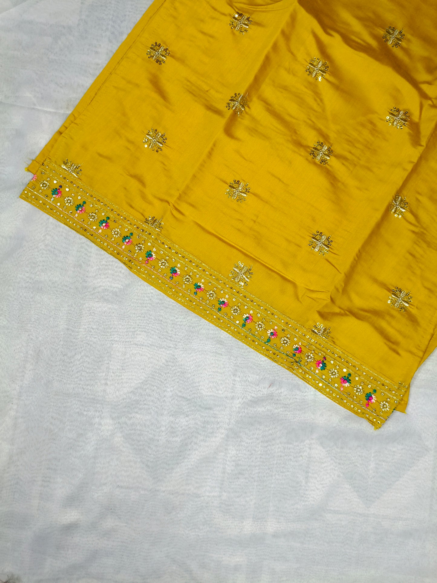 Mustard Yellow Silk 3-Piece Kurta Set with Mirror Embroidery & Dupatta
