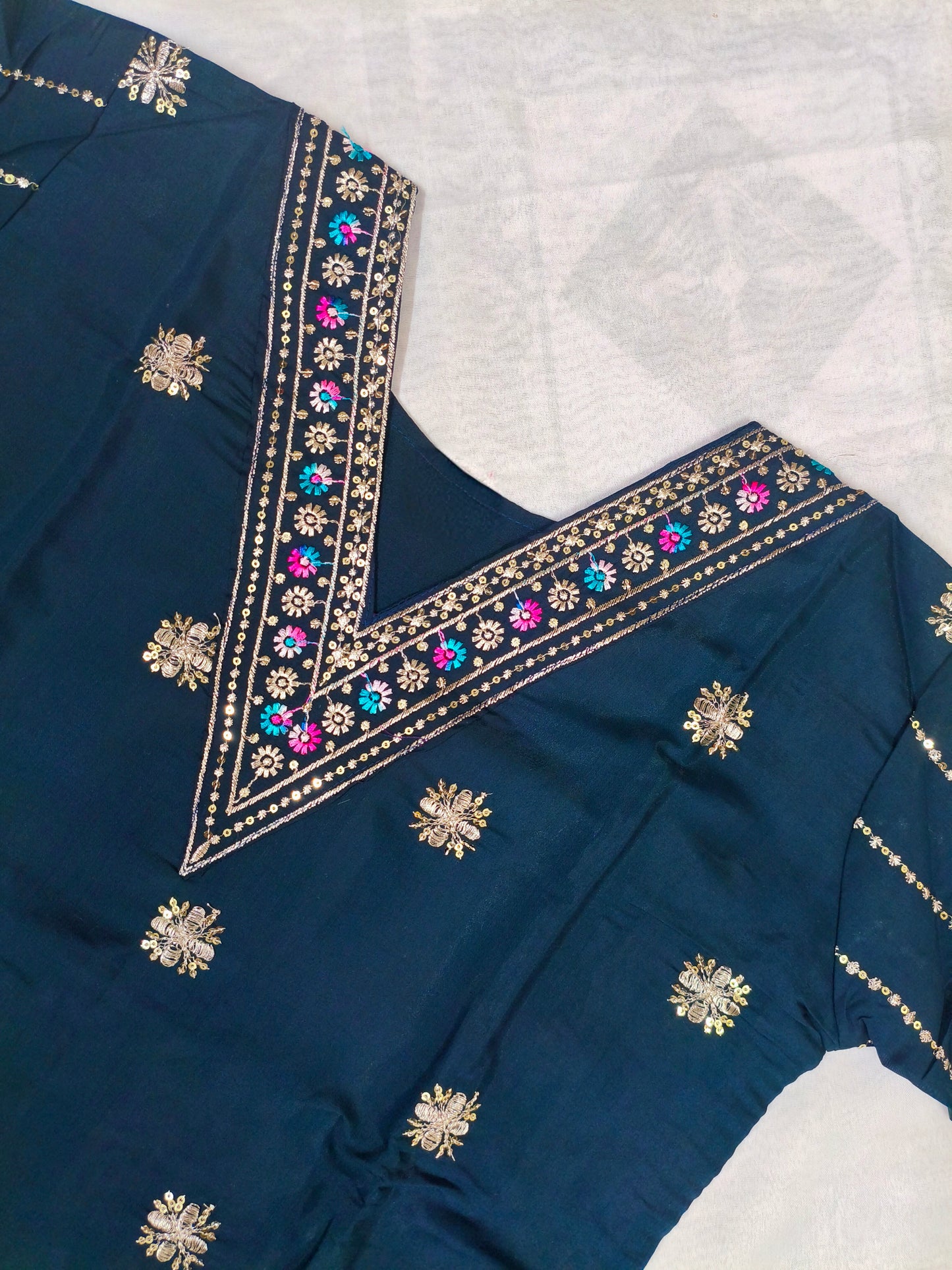 Navy Blue Silk 3-Piece Kurta Set with Mirror & Thread Embroidery