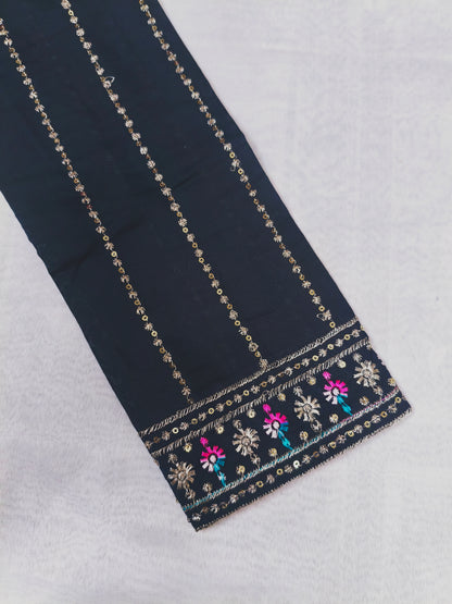 Navy Blue Silk 3-Piece Kurta Set with Mirror & Thread Embroidery