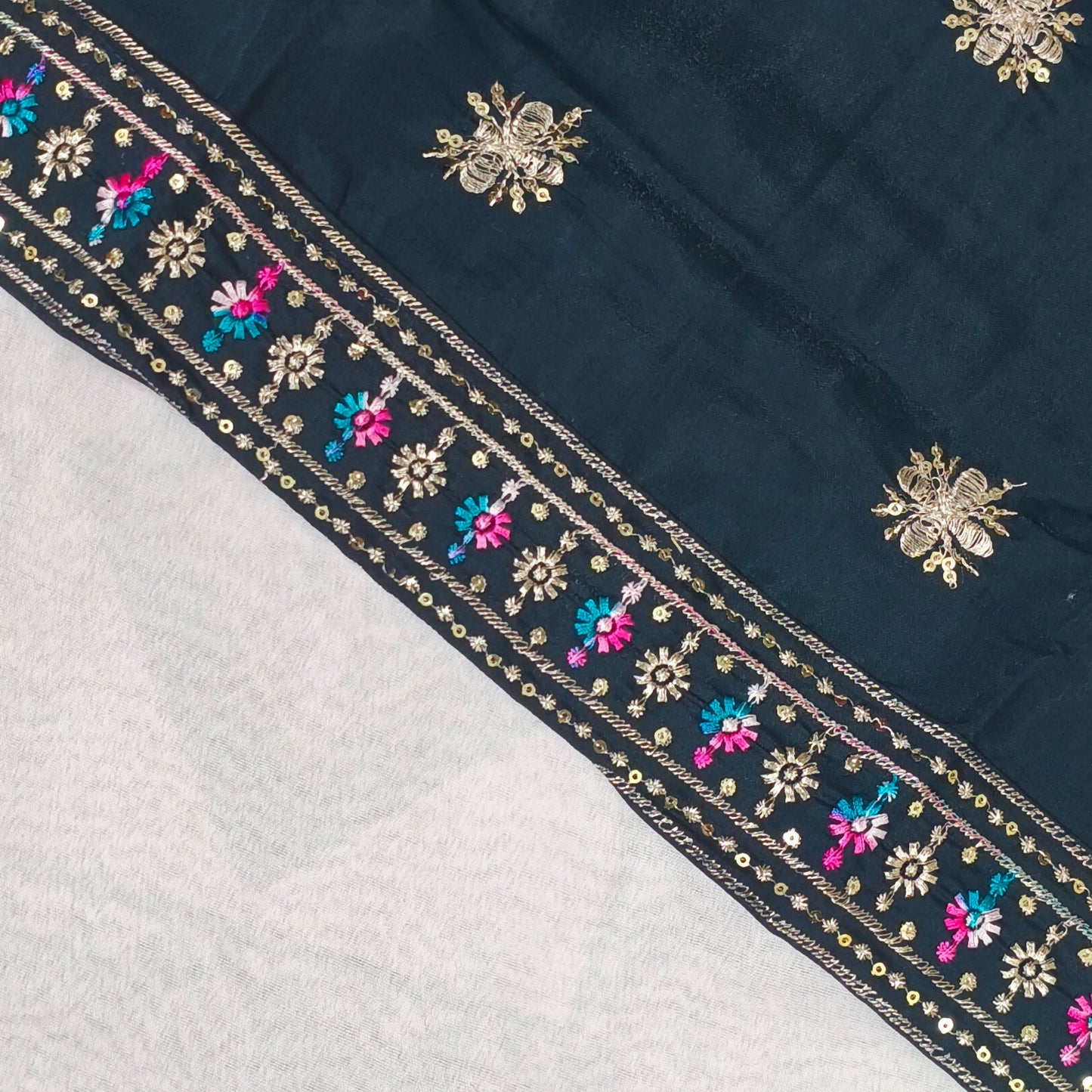 Navy Blue Silk 3-Piece Kurta Set with Mirror & Thread Embroidery