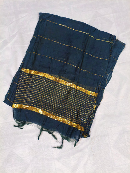 Navy Blue Silk 3-Piece Kurta Set with Mirror & Thread Embroidery