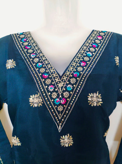 Navy Blue Silk 3-Piece Kurta Set with Mirror & Thread Embroidery