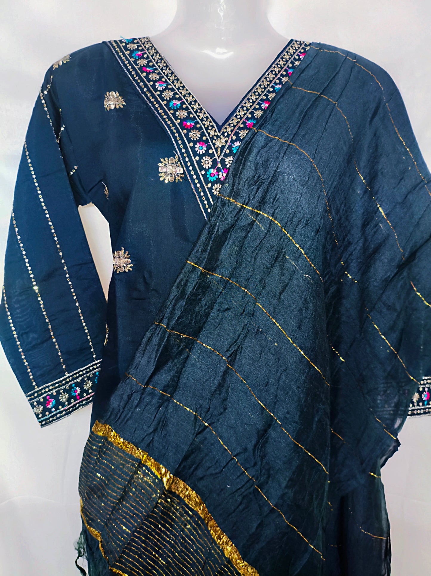 Navy Blue Silk 3-Piece Kurta Set with Mirror & Thread Embroidery