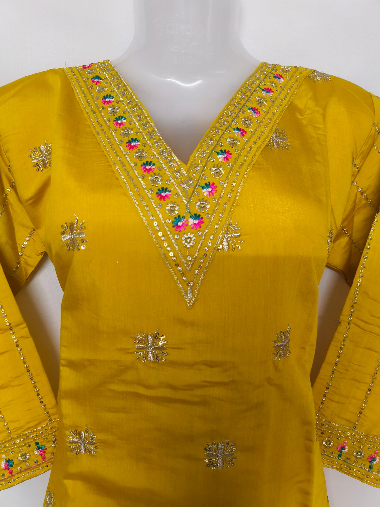 Mustard Yellow Silk 3-Piece Kurta Set with Mirror Embroidery & Dupatta