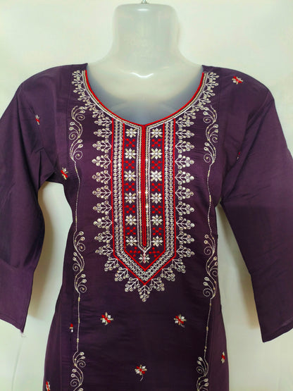 Purple 3-Piece Embroidered Kurta Set with Pant & Dupatta