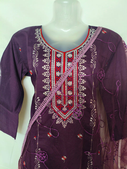 Purple 3-Piece Embroidered Kurta Set with Pant & Dupatta