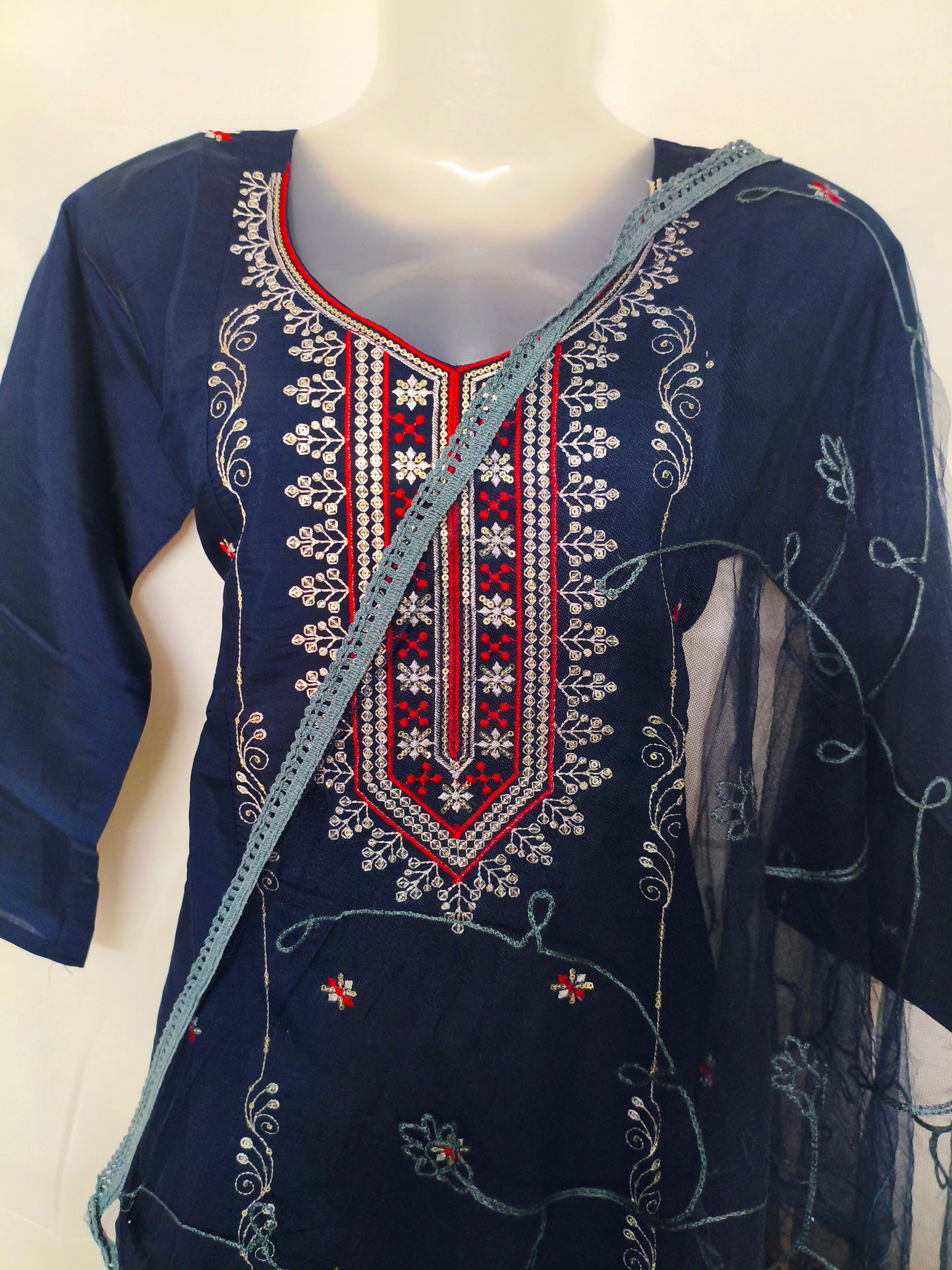 Navy Blue 3-Piece Embroidered Kurta Set with Pant & Dupatta