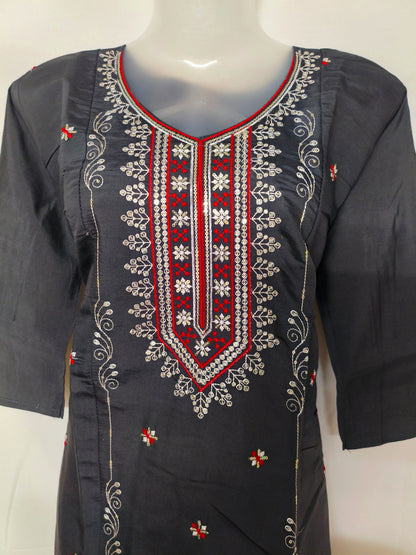 Gray 3-Piece Embroidered Kurta Set with Pant & Dupatta