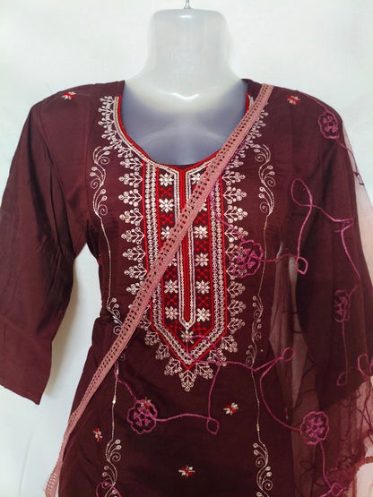 Maroon 3-Piece Embroidered Kurta Set with Pant & Dupatta