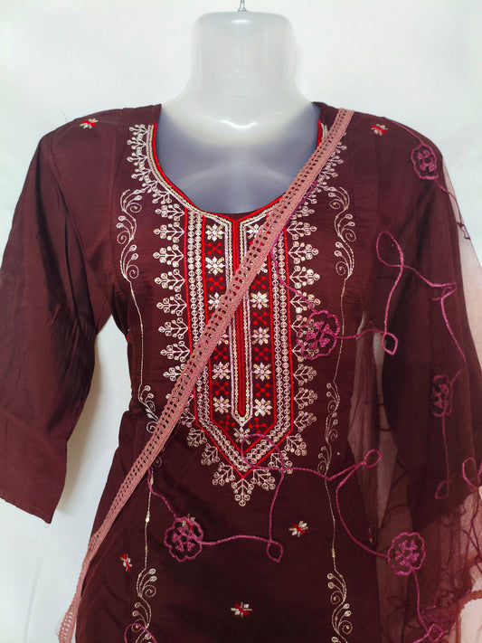 Maroon 3-Piece Embroidered Kurta Set with Pant & Dupatta