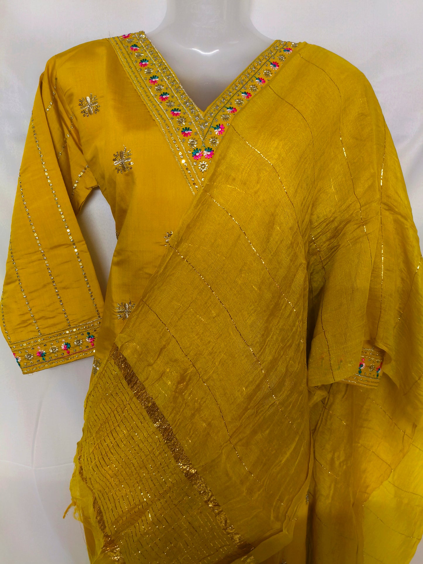 Mustard Yellow Silk 3-Piece Kurta Set with Mirror Embroidery & Dupatta