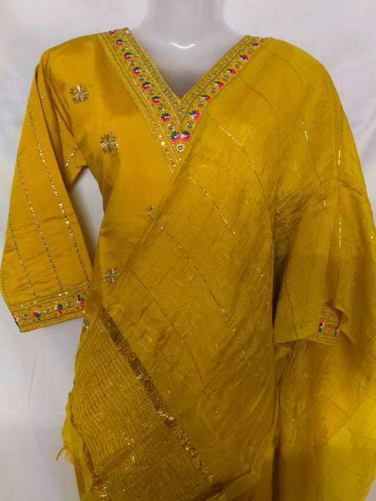 Mustard Yellow Silk 3-Piece Kurta Set with Mirror Embroidery & Dupatta