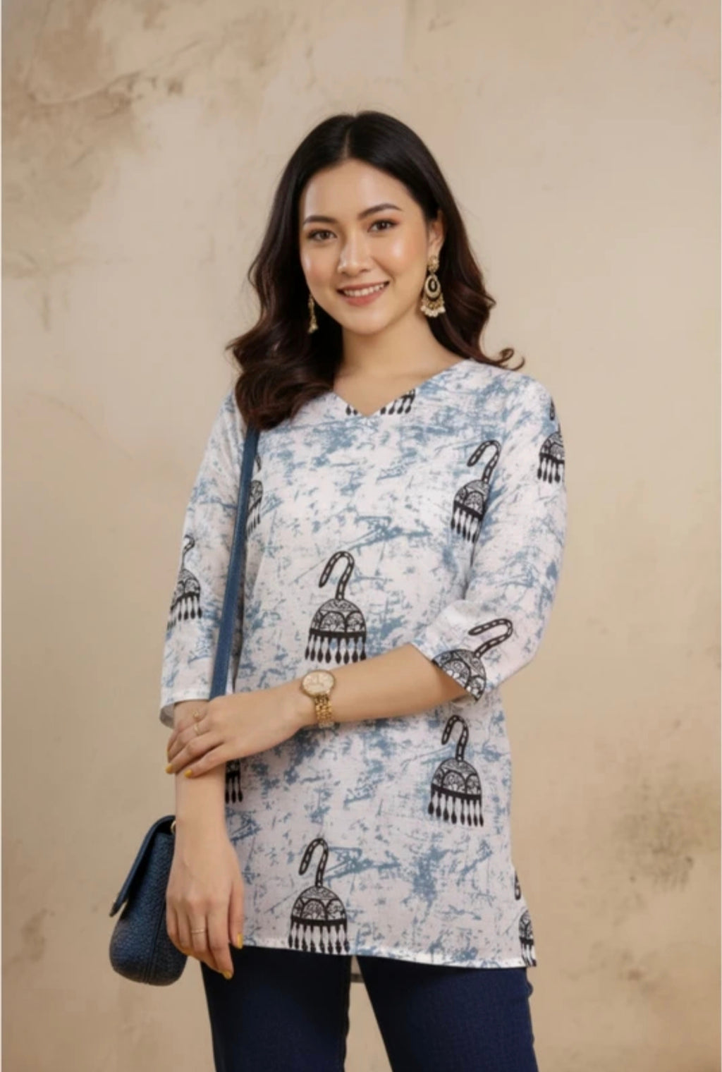 The 'Jhumka' Fusion Kurta – Blue & White Abstract Edition