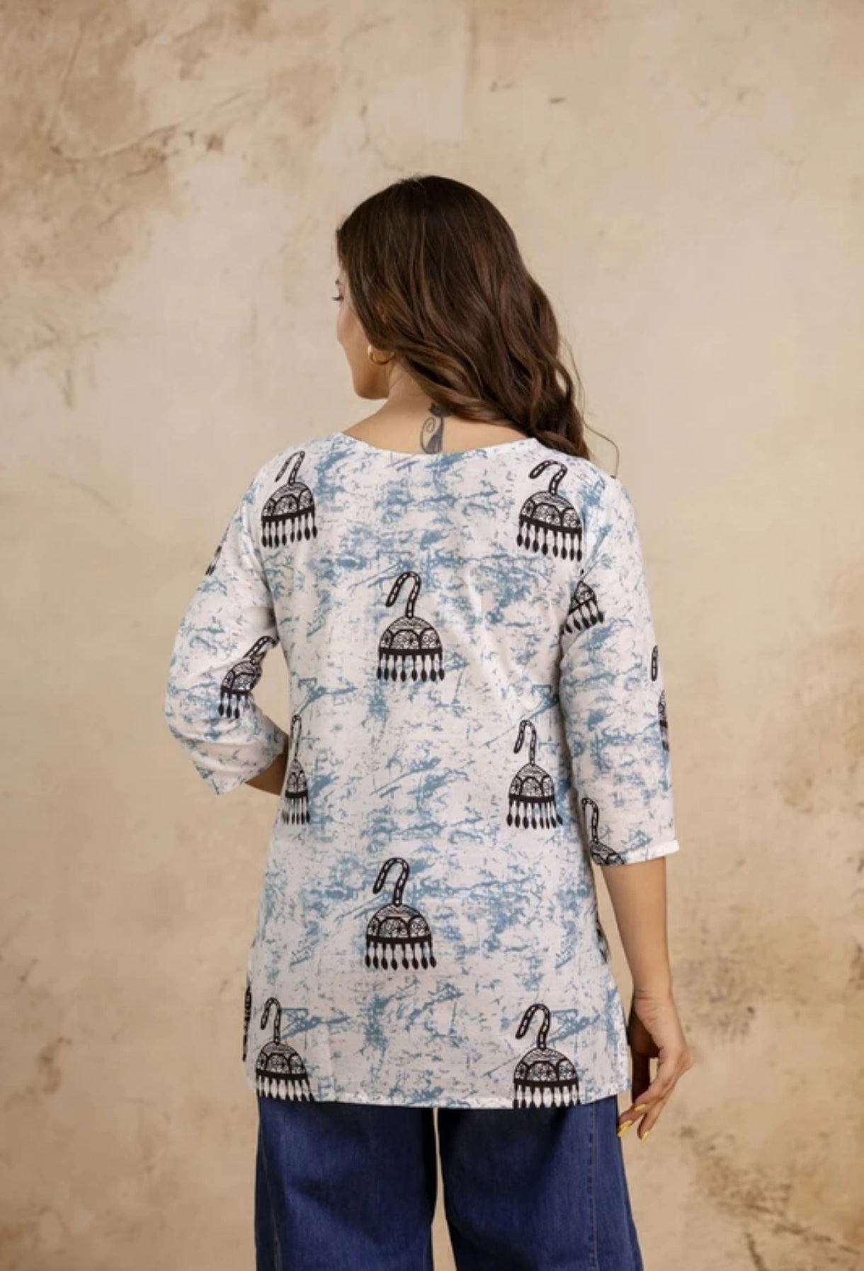 The 'Jhumka' Fusion Kurta – Blue & White Abstract Edition