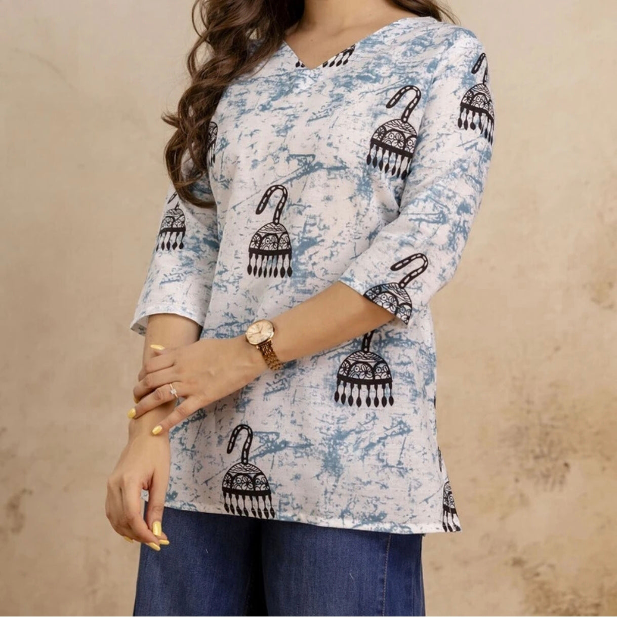 The 'Jhumka' Fusion Kurta – Blue & White Abstract Edition