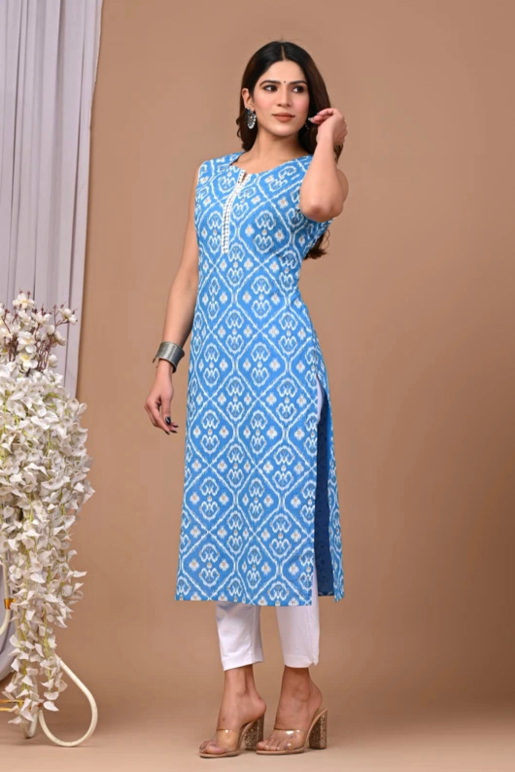 The 'Azure Breeze' – Geometric Ikat Print Summer Kurta