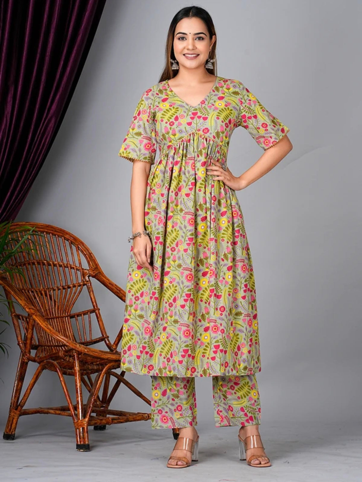 The 'Spring Garden' Gathered Kurta Set – Cotton Lounge Wear