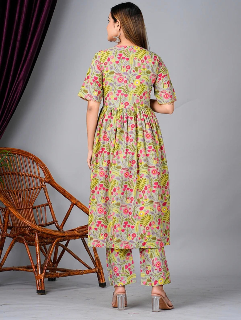 The 'Spring Garden' Gathered Kurta Set – Cotton Lounge Wear