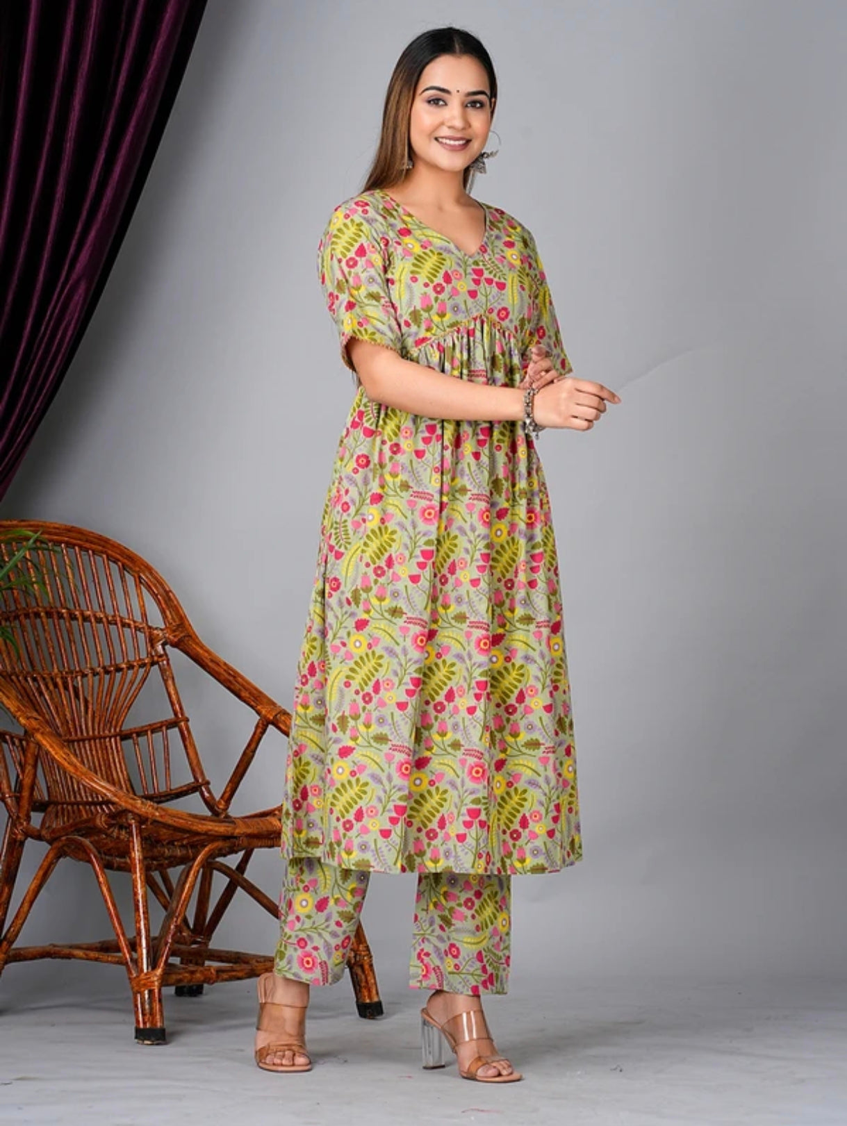 The 'Spring Garden' Gathered Kurta Set – Cotton Lounge Wear