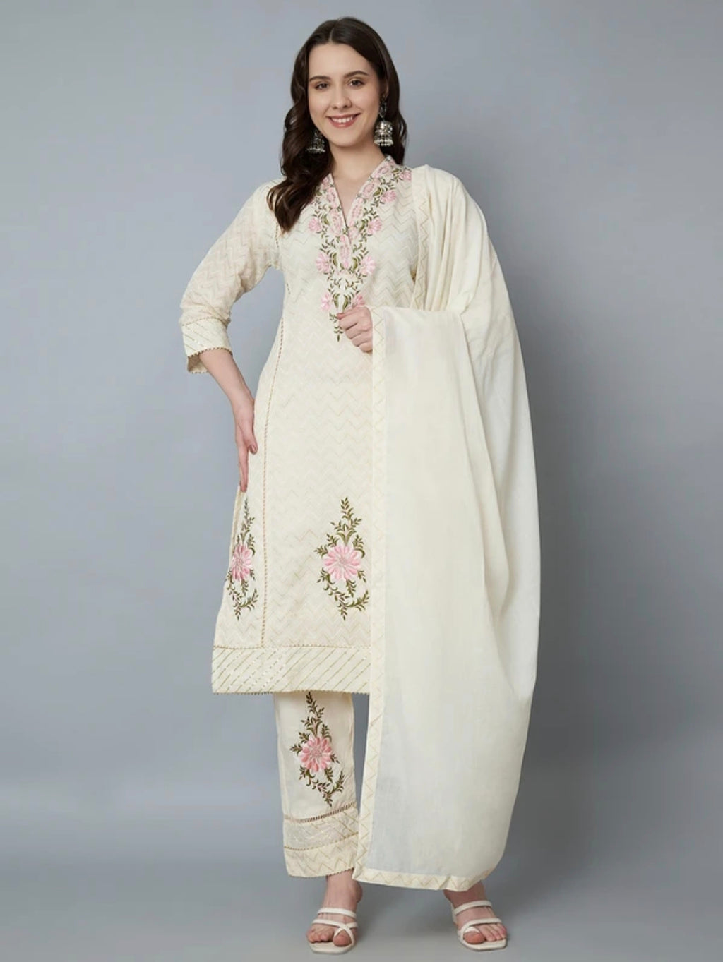 The 'Ivory Bloom' Designer Suit – Thread Embroidered Kurta Pant & Dupatta