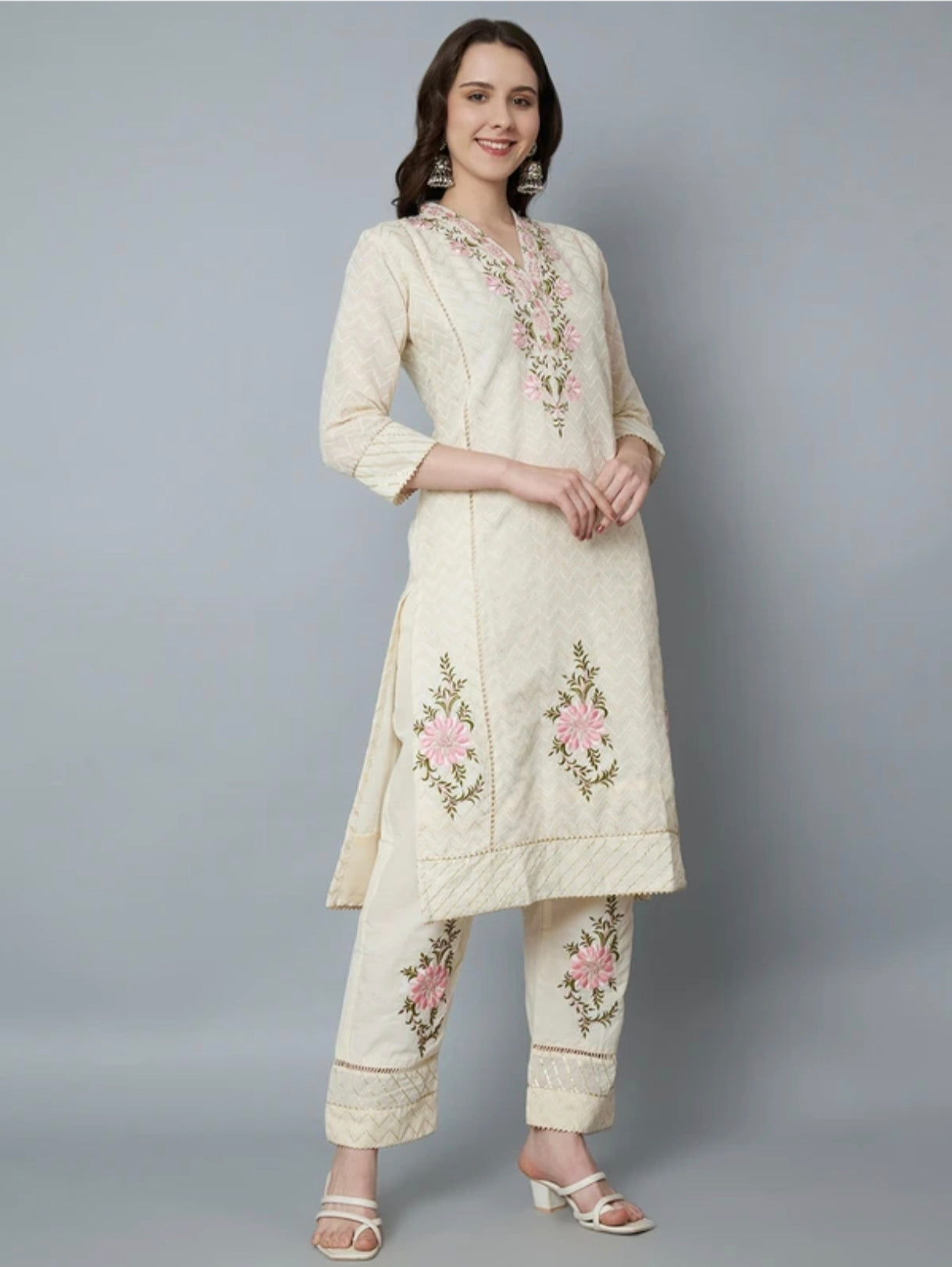 The 'Ivory Bloom' Designer Suit – Thread Embroidered Kurta Pant & Dupatta