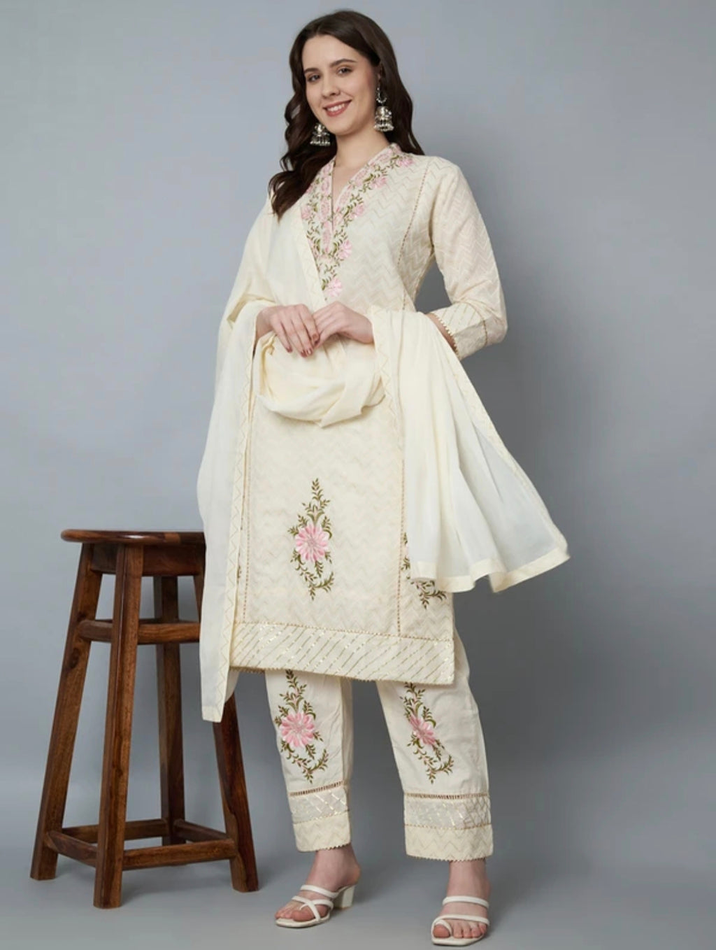 The 'Ivory Bloom' Designer Suit – Thread Embroidered Kurta Pant & Dupatta