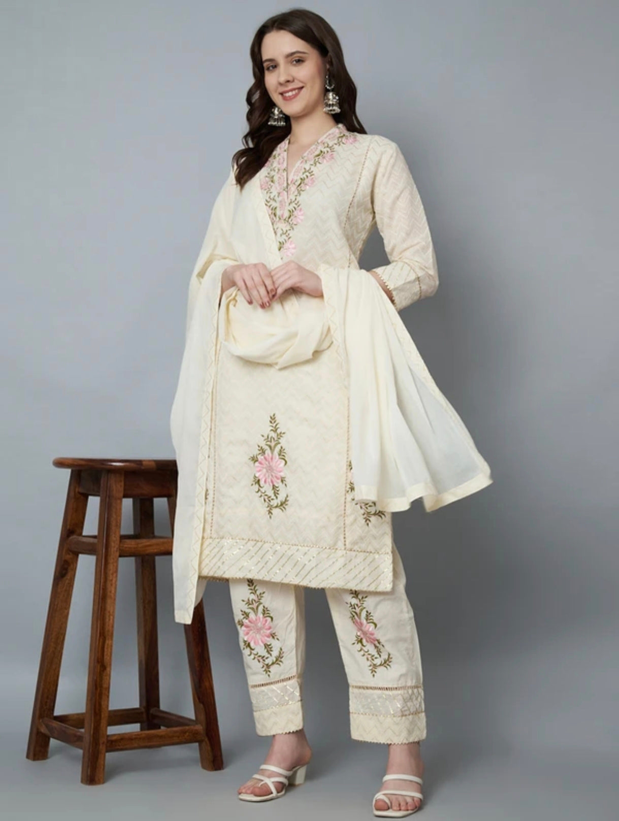 The 'Ivory Bloom' Designer Suit – Thread Embroidered Kurta Pant & Dupatta