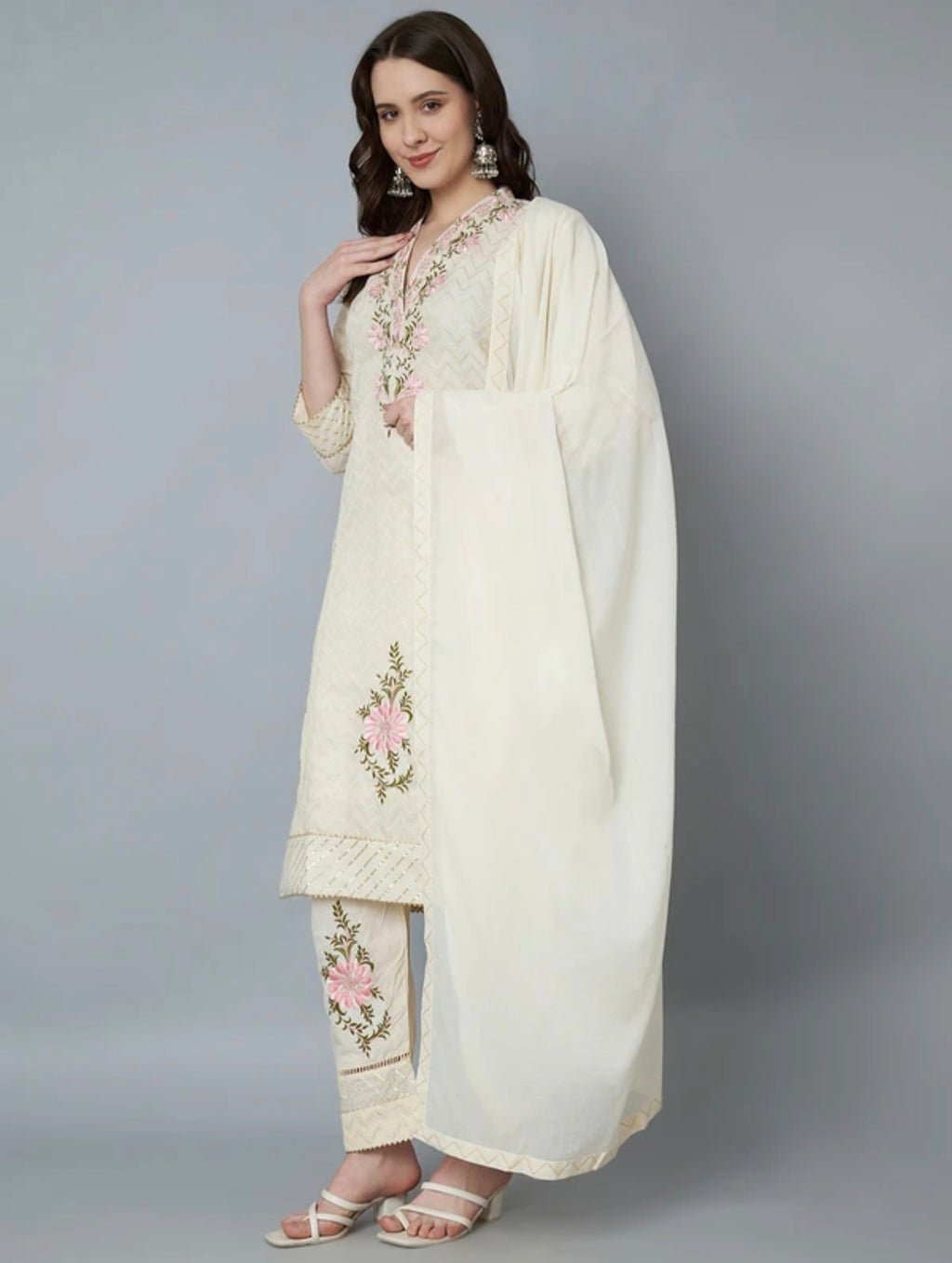 The 'Ivory Bloom' Designer Suit – Thread Embroidered Kurta Pant & Dupatta
