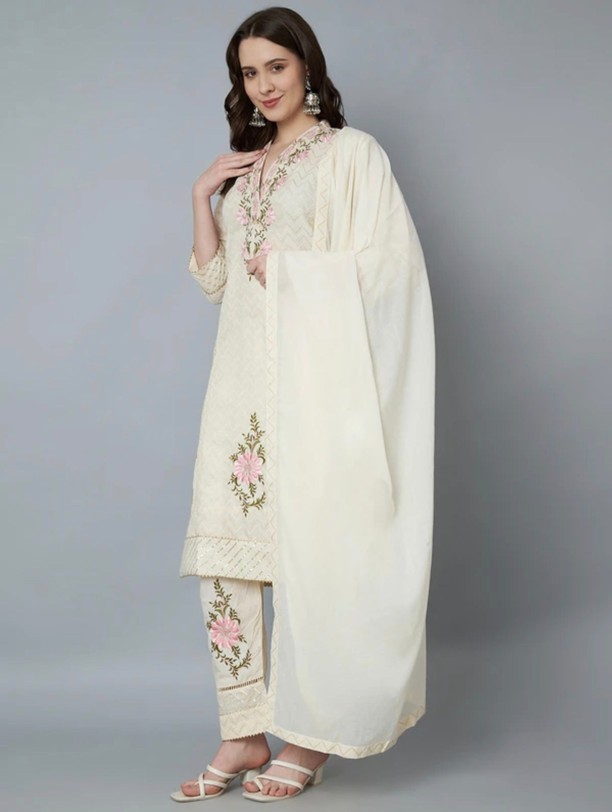The 'Ivory Bloom' Designer Suit – Thread Embroidered Kurta Pant & Dupatta