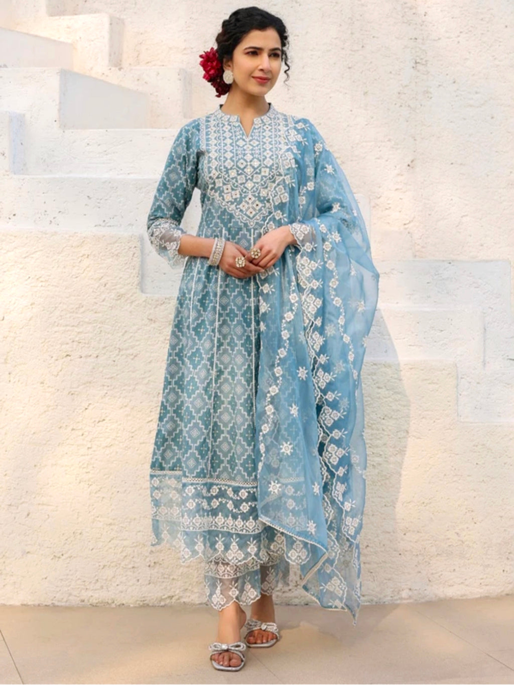 The 'Ethereal Blue' Organza Anarkali Set with Scalloped Borders