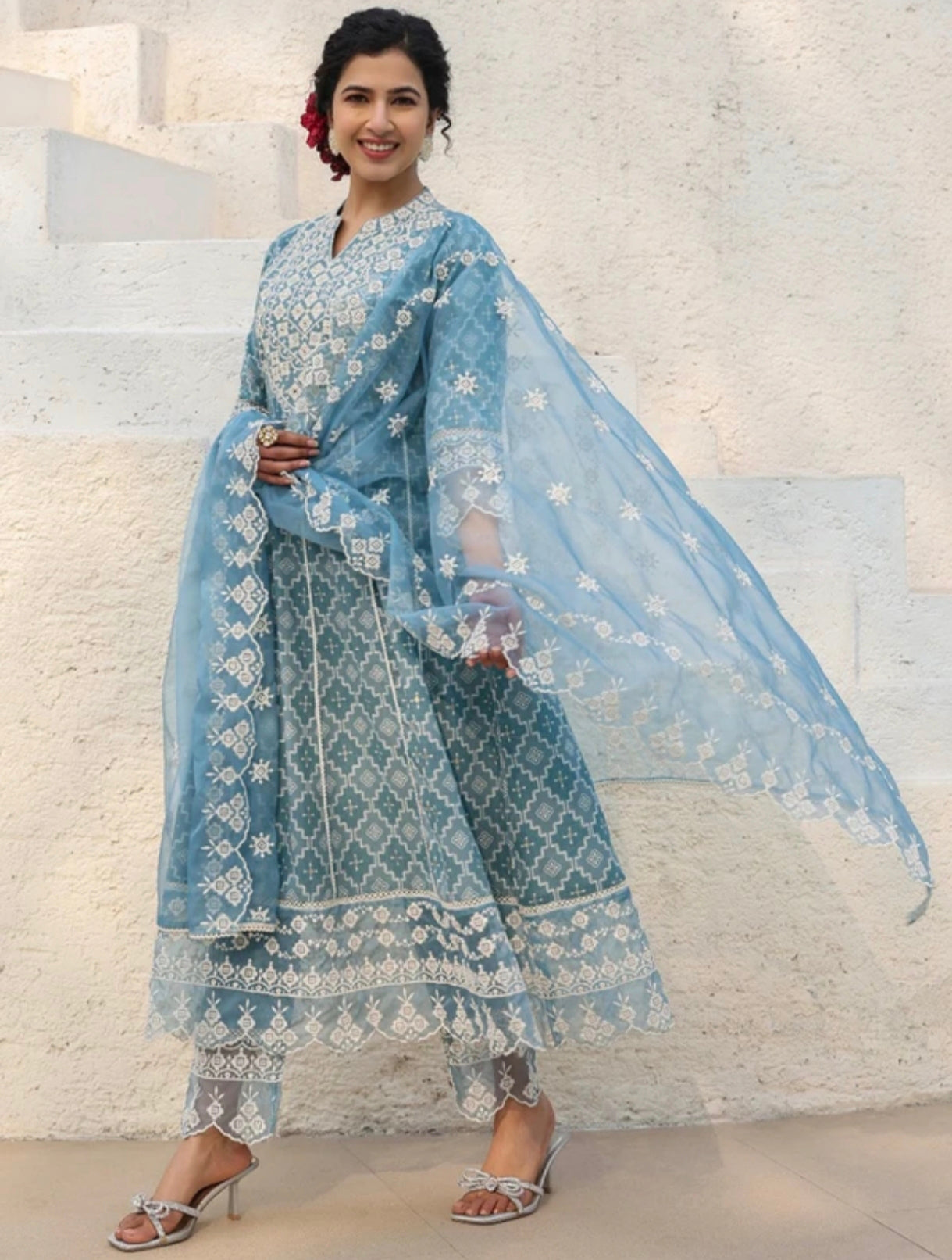 The 'Ethereal Blue' Organza Anarkali Set with Scalloped Borders