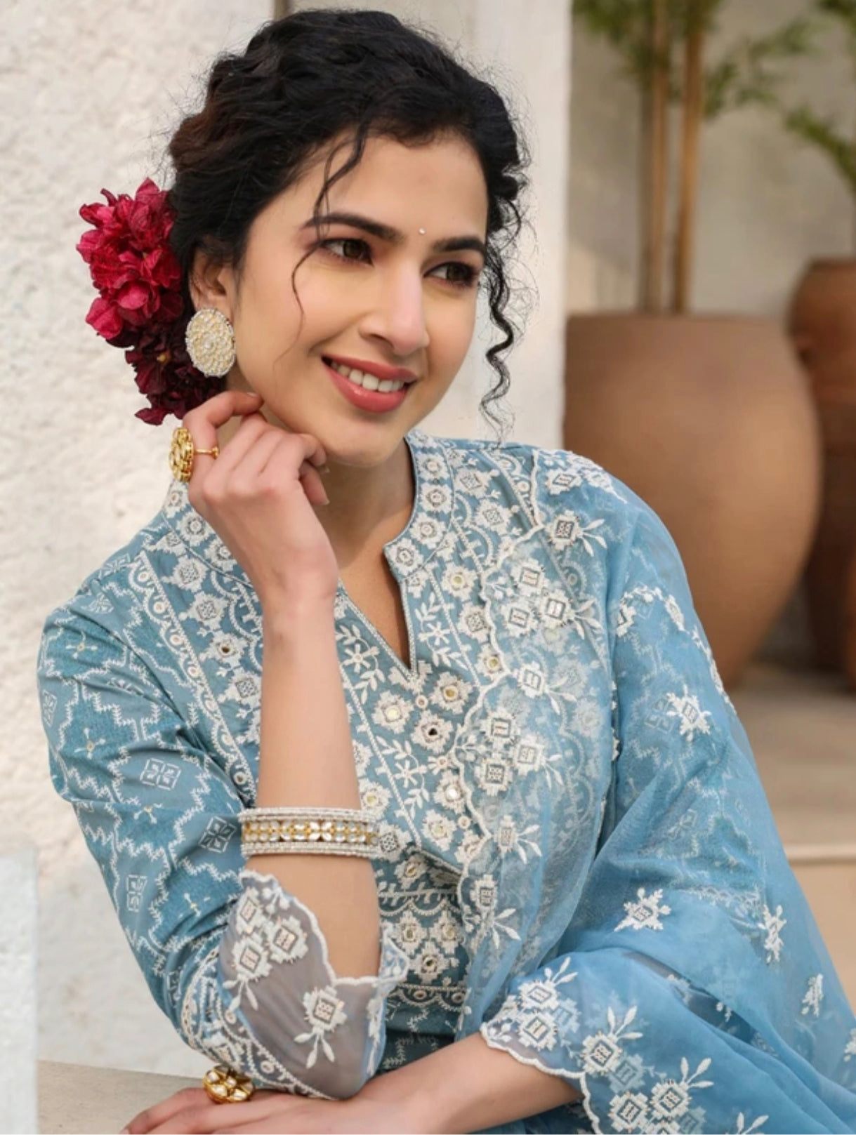 The 'Ethereal Blue' Organza Anarkali Set with Scalloped Borders