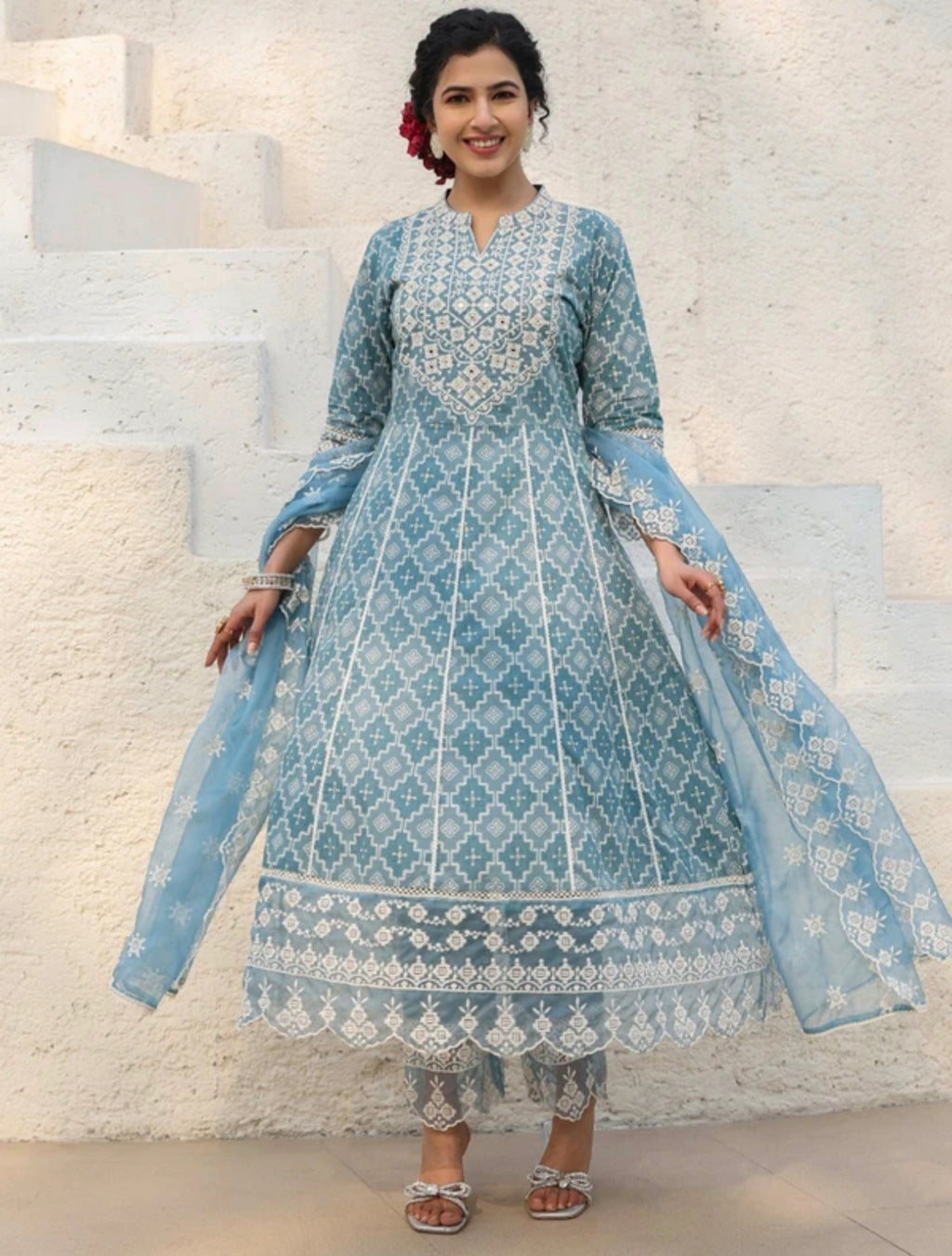 The 'Ethereal Blue' Organza Anarkali Set with Scalloped Borders