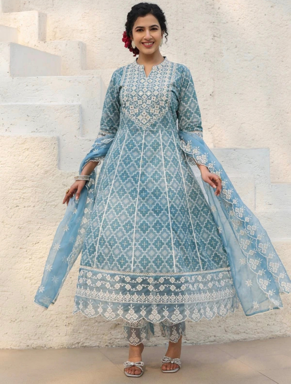 The 'Ethereal Blue' Organza Anarkali Set with Scalloped Borders