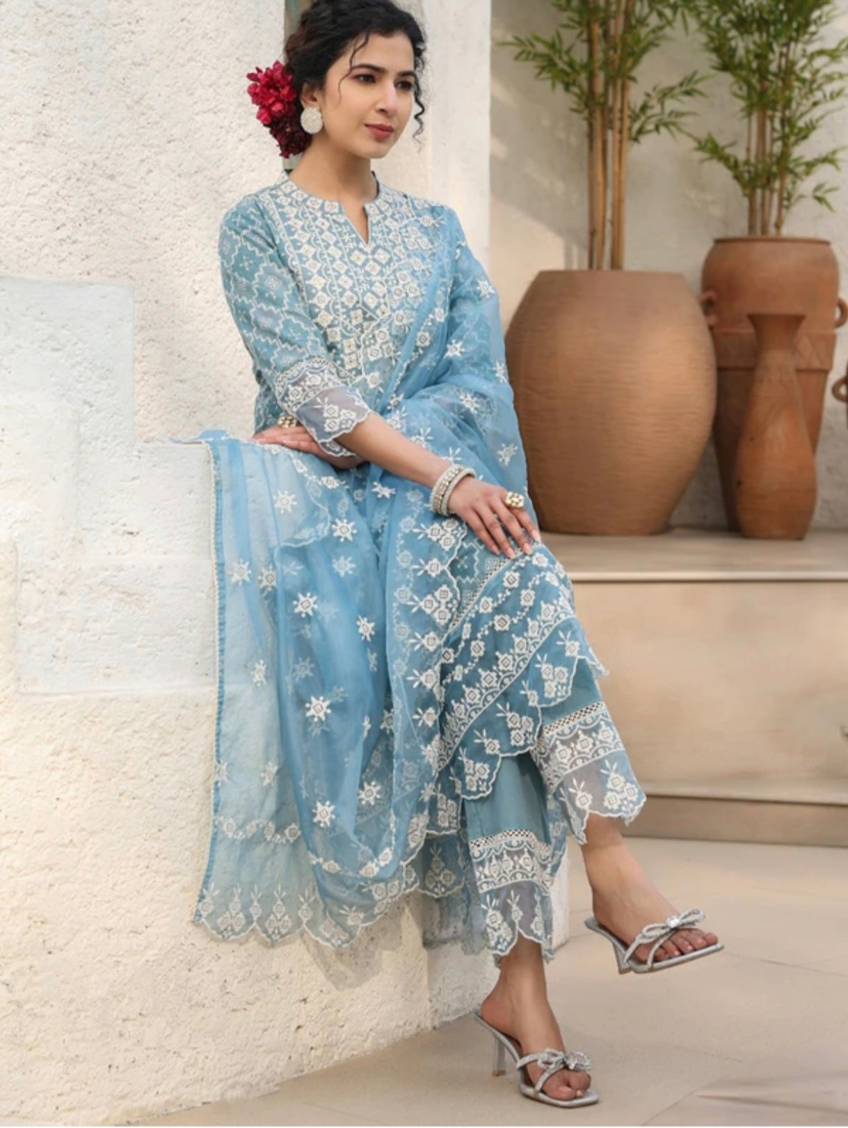 The 'Ethereal Blue' Organza Anarkali Set with Scalloped Borders